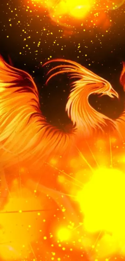 Fiery phoenix with orange and yellow flames in a dynamic mobile wallpaper.