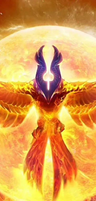 Vibrant fiery phoenix rising against a blazing sun in mythical mobile wallpaper.