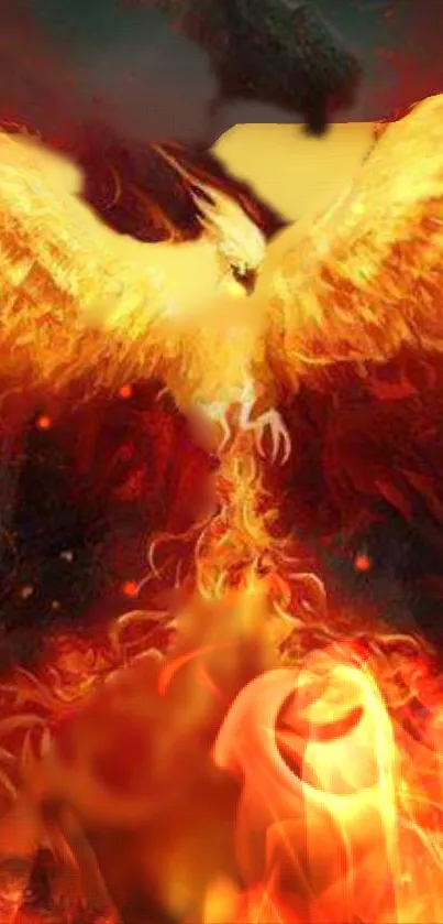 Fiery phoenix rising from vibrant flames.