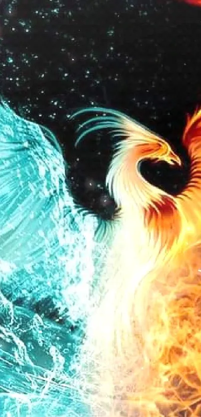 Phoenix with fiery and icy wings on a dark background.