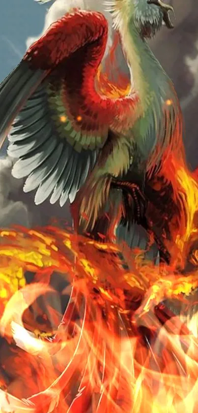 A vibrant phoenix rising from flames on a digital mobile wallpaper.