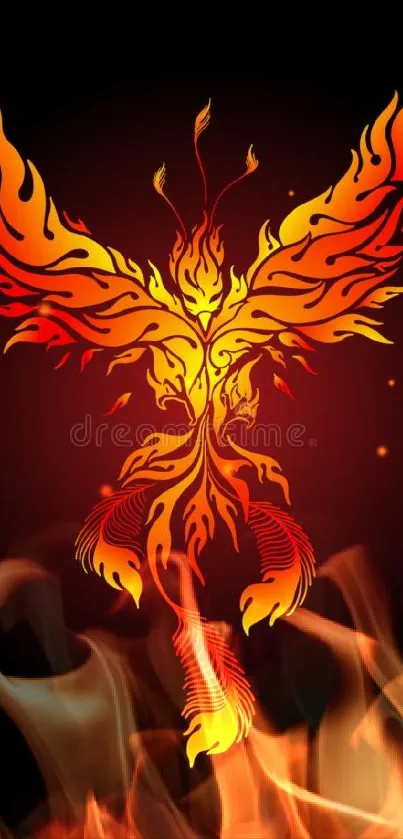 Fiery phoenix with red and orange flames on a dark background.