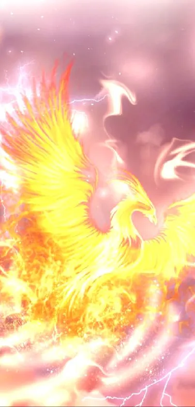 Fiery phoenix amidst lightning and flames.