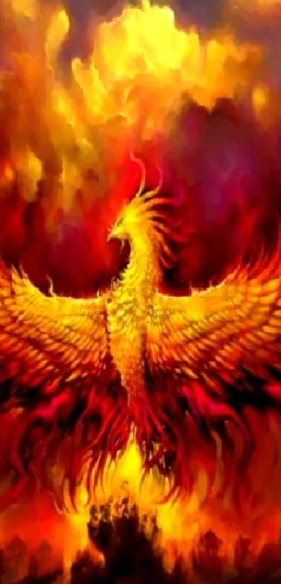 Vibrant fiery phoenix in warm hues.