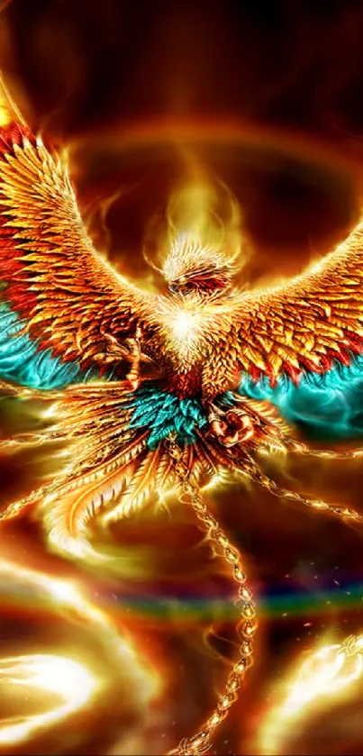 Fiery phoenix with glowing wings in vibrant colors on a dark background.