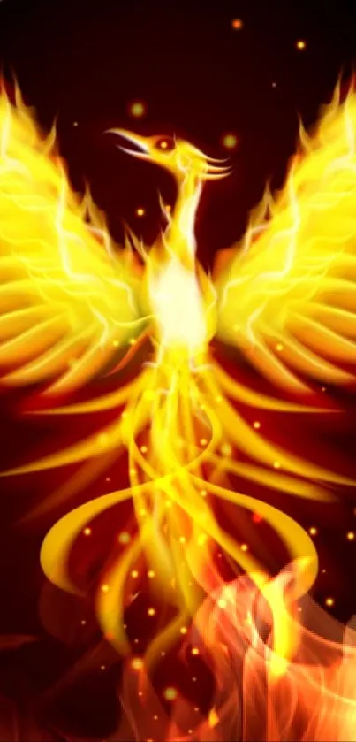 Vibrant fiery phoenix with yellow flames on a dark background.