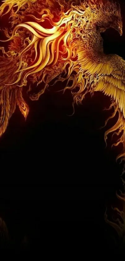 Fiery phoenix with red, orange, and yellow flames on a dark background.