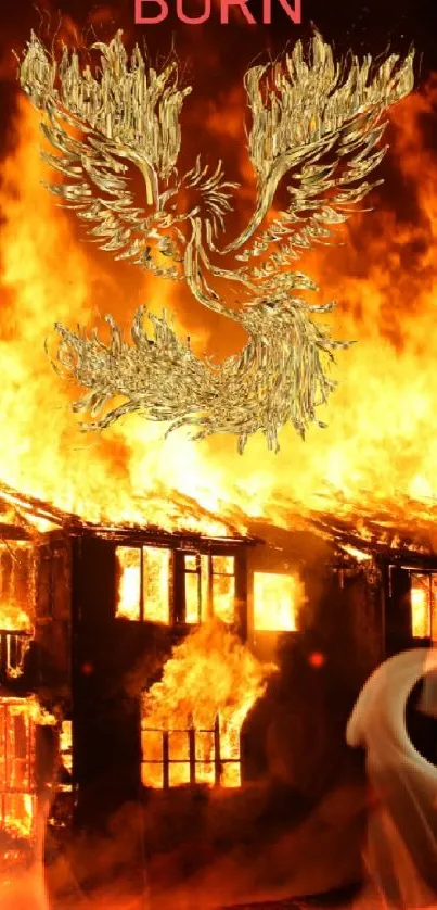 Phoenix rising from a burning house with intense flames.