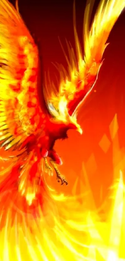 Fiery phoenix with radiant wings in vibrant orange and red flames.