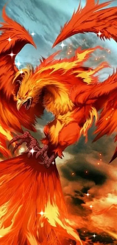 Fiery phoenix soaring through flames.