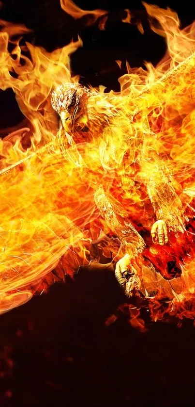 Fiery phoenix in full blaze on a dark background.