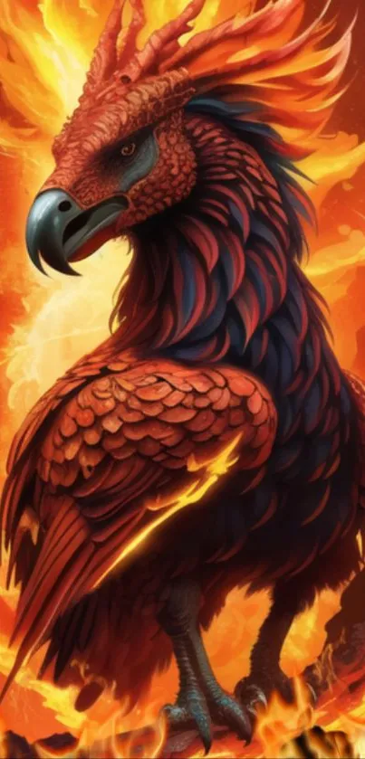 A majestic phoenix engulfed in vibrant flames on a phone wallpaper.