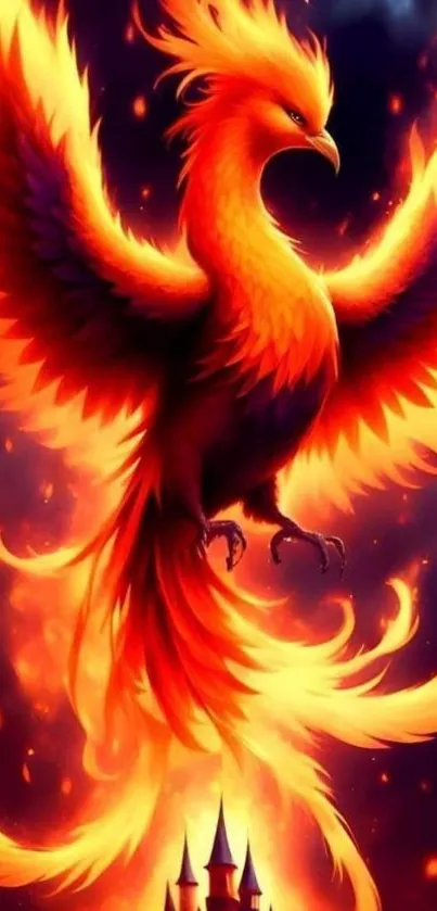 Vibrant phoenix rising from flames, set against a dark fiery background.