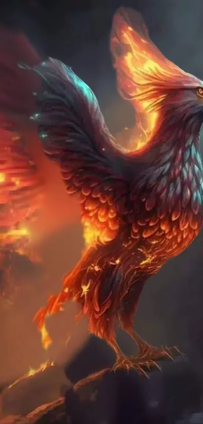 Vibrant fiery phoenix with glowing wings on a dark backdrop.