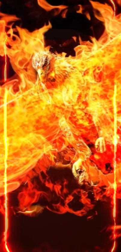 Fiery phoenix surrounded by intense flames, creating dynamic energy in wallpaper.