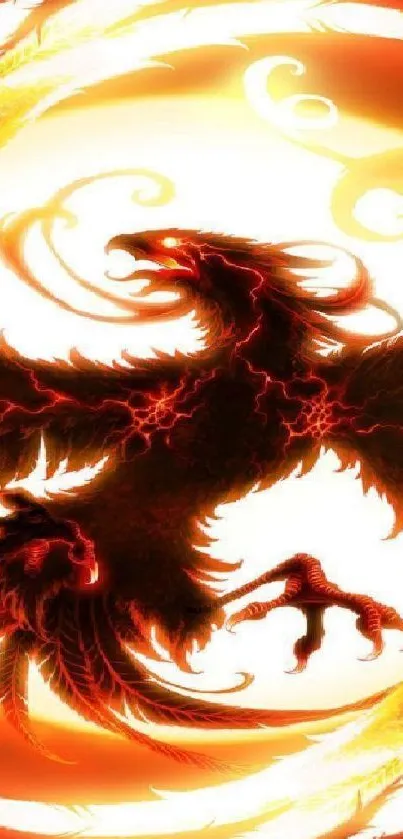 Fiery phoenix depicted in vibrant orange hues on phone wallpaper.