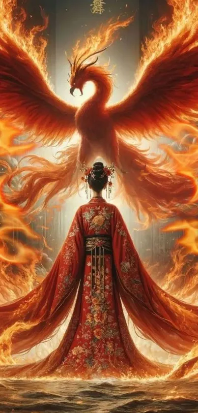 Fiery phoenix with a warrior in red robes amidst flames.