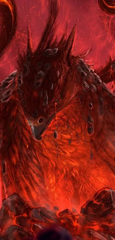 Fiery phoenix in red hues on a phone wallpaper.