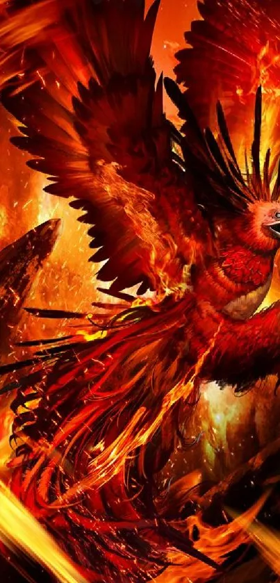 Fiery phoenix spreading its wings with dynamic flames and vibrant colors.