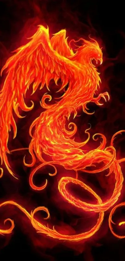 Fiery phoenix mobile wallpaper with vibrant flames on black background.