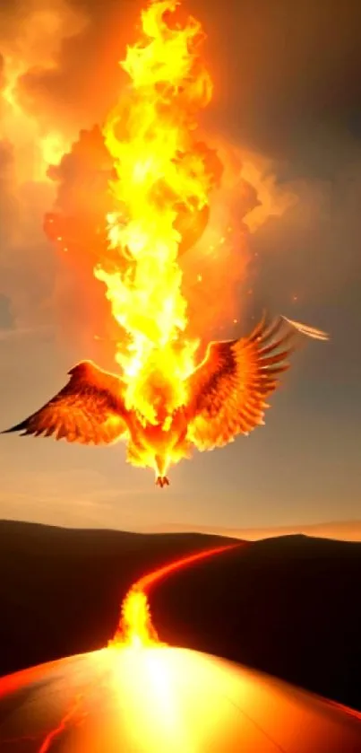 A fiery phoenix rises in vibrant flames against a dramatic sky.