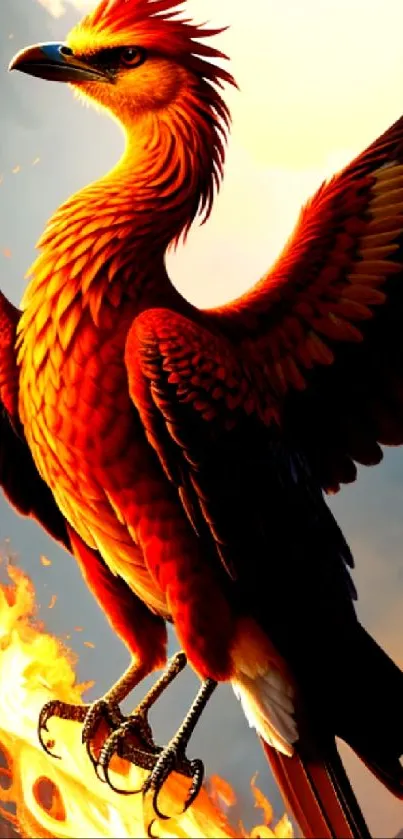 A fiery phoenix with bright orange feathers soaring in a dramatic sky.