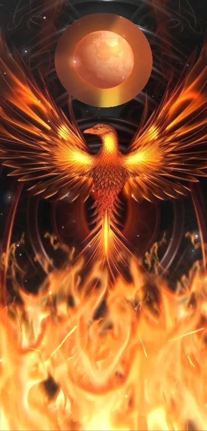 Fiery phoenix rising from flames in dynamic mobile wallpaper.