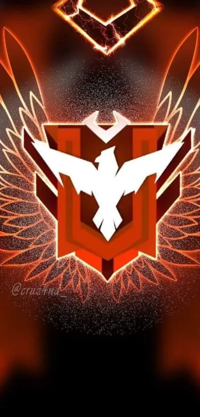 Fiery phoenix shield with abstract wings on a mobile wallpaper background.