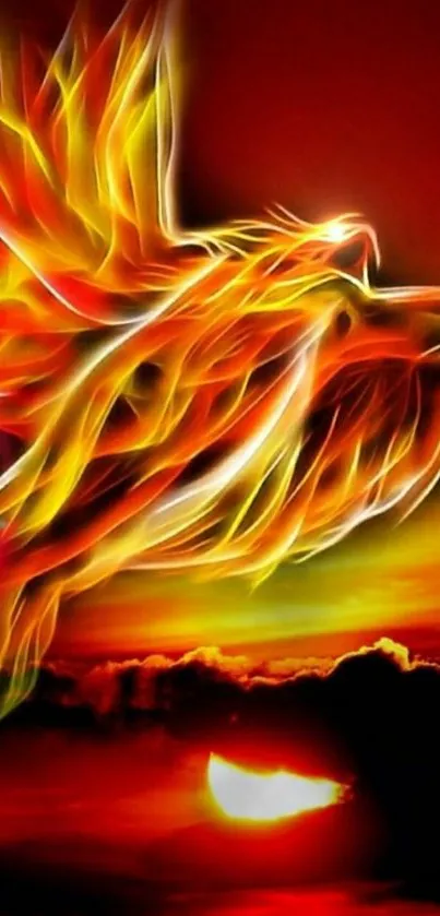 Vivid phoenix soaring in a fiery sunset sky wallpaper.