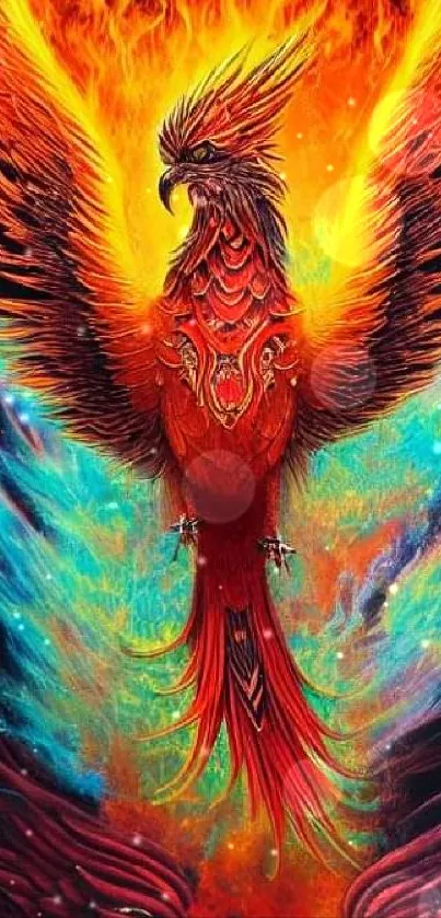 Fiery phoenix with orange flames and vibrant colors mobile wallpaper.