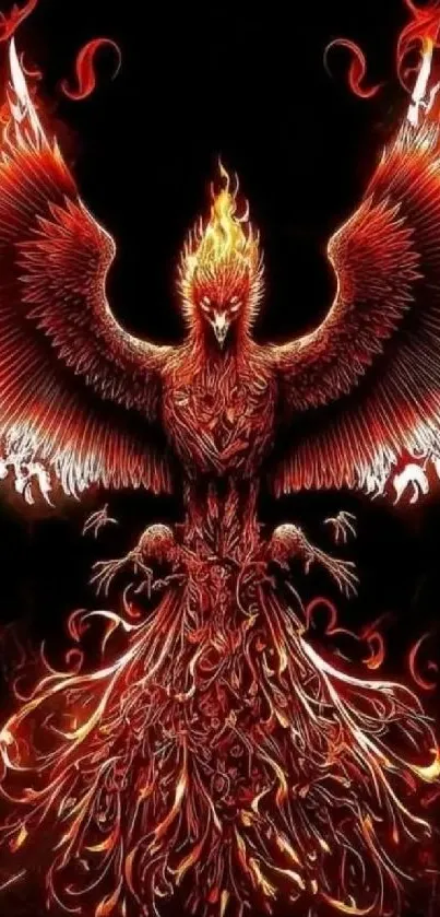 Fiery Phoenix with blazing wings on a mobile wallpaper background.