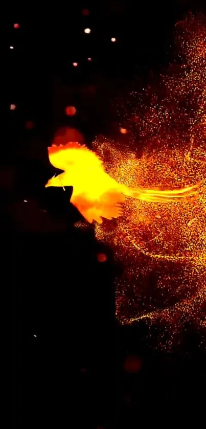 Fiery phoenix with orange sparks on dark background mobile wallpaper.