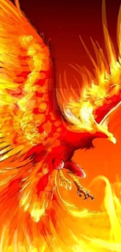 Fierce phoenix with fiery colors in flight.