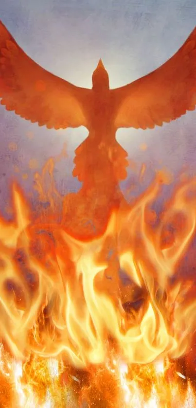 Fiery phoenix rising amidst vibrant flames on a mobile wallpaper.