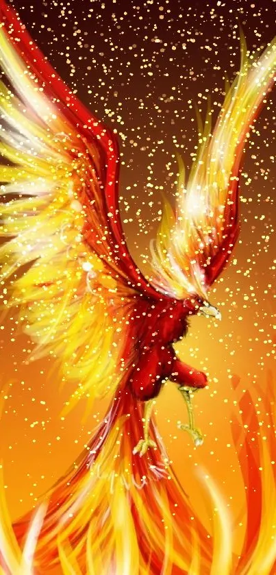 Phoenix rising from flames in vibrant colors.