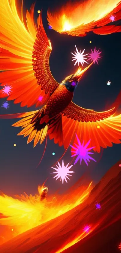 Fiery phoenix with vibrant orange wings soaring in dynamic motion.