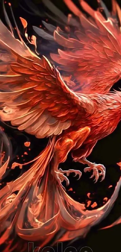 Dynamic phoenix in fiery red hues, soaring beautifully.