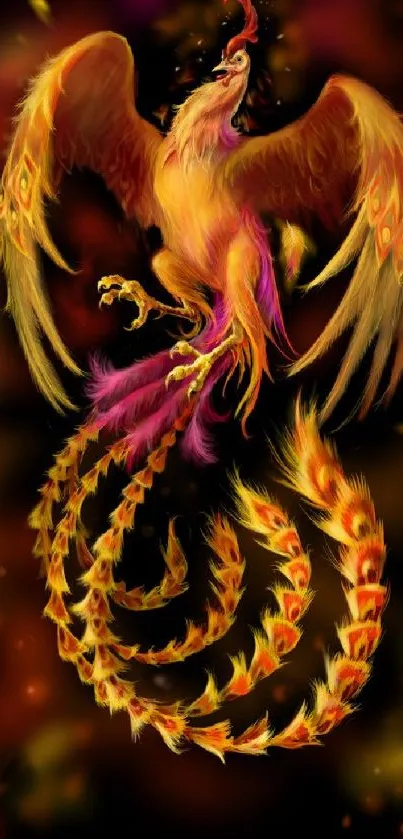 Fiery phoenix with colorful feathers against a dark background.