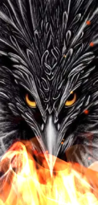 Fierce phoenix with fiery flames, piercing eyes, and dynamic black feathers.