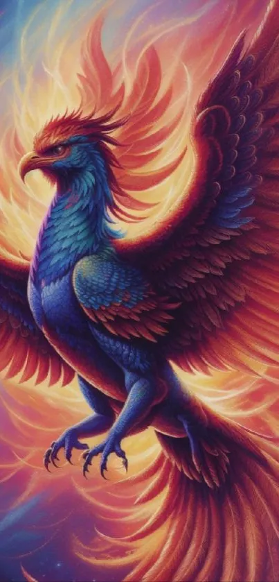 Colorful phoenix soaring with fiery wings and vibrant blue feathers.