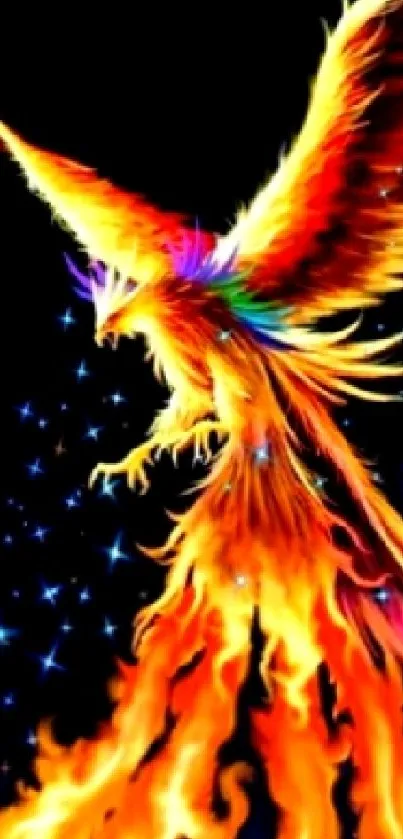 Vibrant phoenix soaring above flames with a dark background.