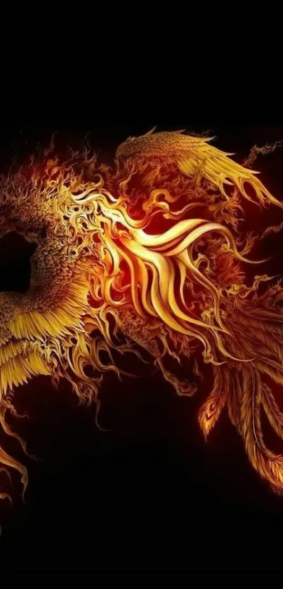 Fiery phoenix with vibrant flames and wings against a dark backdrop.