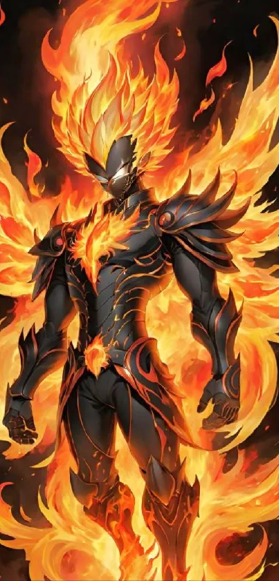 Fiery phoenix warrior with mystical armor engulfed in vibrant flames.