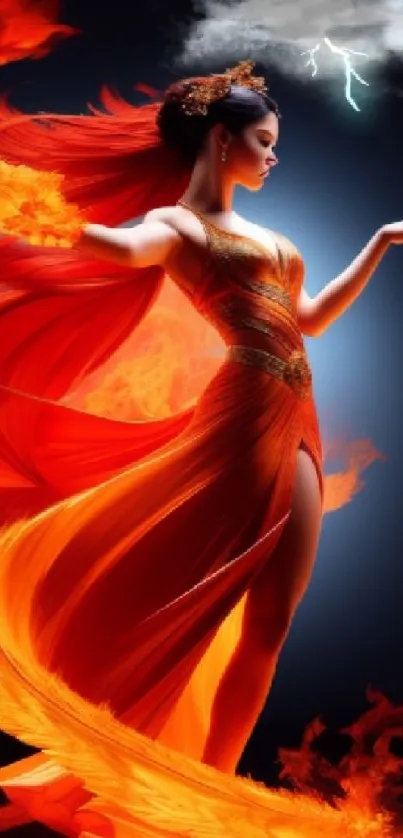 Fiery woman in orange dress surrounded by flames and storm clouds.