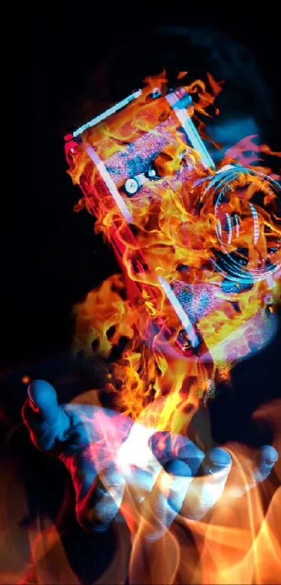 Vibrant illusion of a phone in flames floating above a hand.