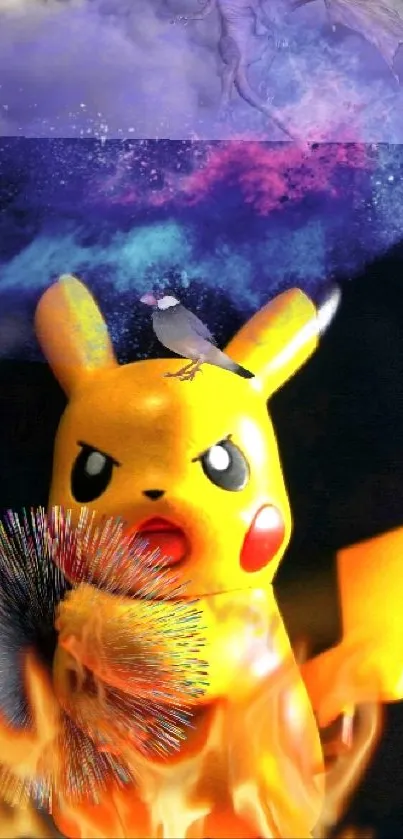 Pikachu with flames in a galaxy backdrop.