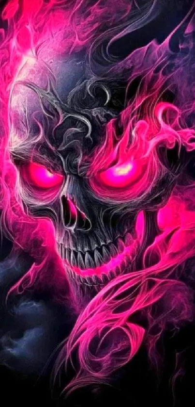 Pink flames engulf a skull in striking art.