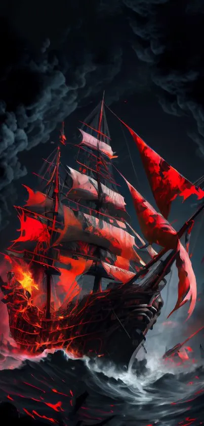 Fiery pirate ship with red sails on stormy sea wallpaper.