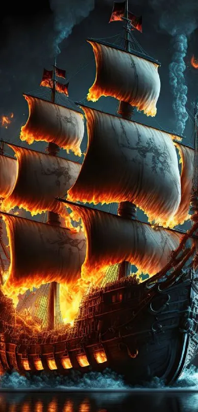 A pirate ship with fiery sails against a dark ocean backdrop.
