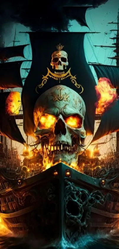 Fiery ocean backdrop with pirate ship and skull imagery.